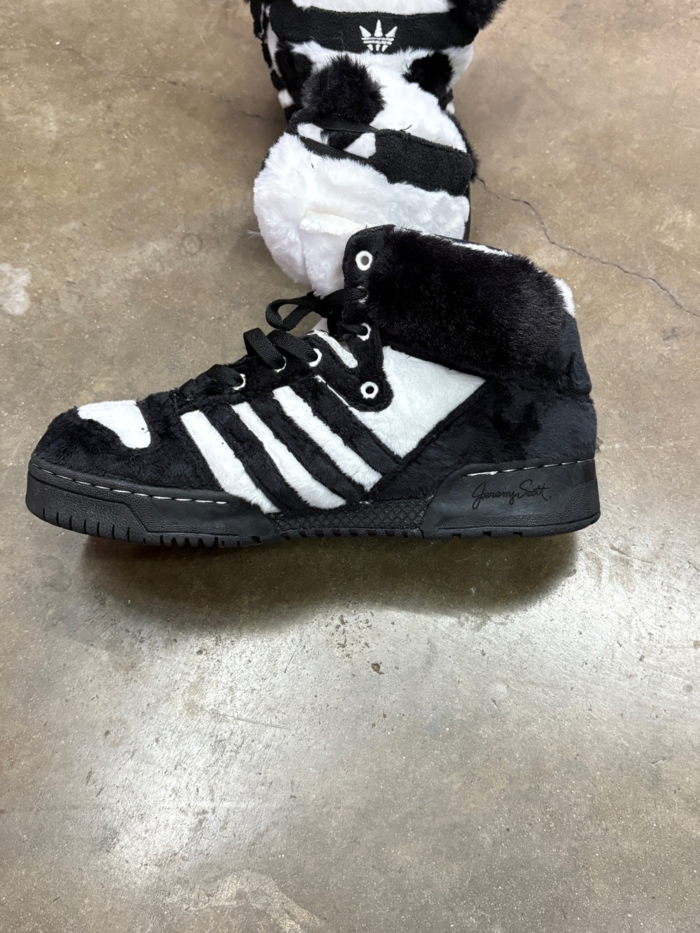 Jeremy Scott x Adidas Black and White Panda Plush Sneakers - Picture 2 of 4